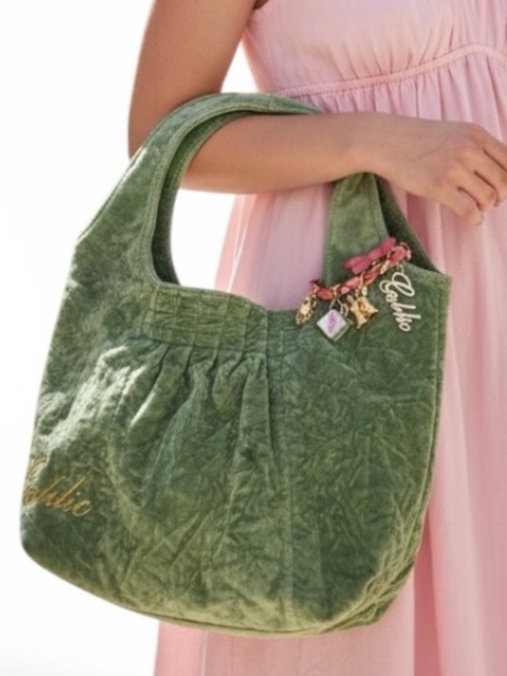 Goldie Limited Edition 6 Green Crushed Velour Hobo with Gold Tone Logo Charms